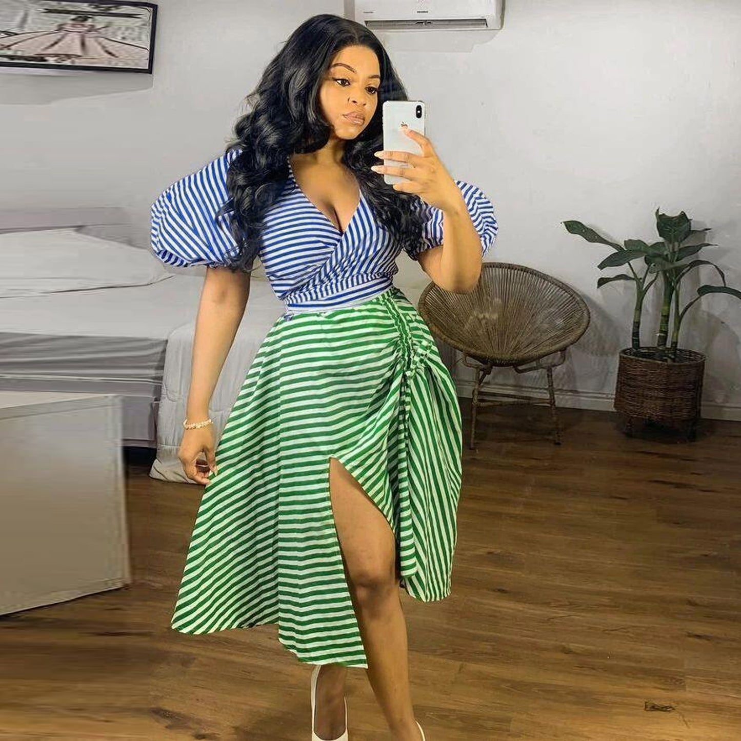 flowersverse Sexy Irregular Stripe Contrast COLor Drawstring Lace-Up Slit Plus Size Two Piece Skirt Set Nightclub Dress