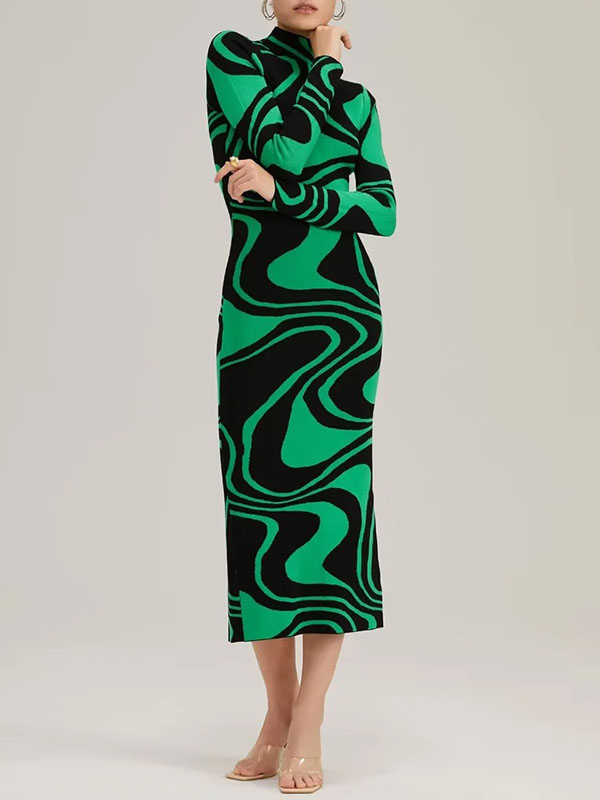 flowersverse Long Sleeves Skinny Contrast Color Printed Split-Back Split-Joint Zipper High Neck Midi Dresses