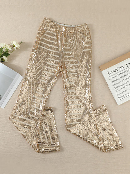 flowersverse Flared Pants High Waisted Contrast Color Striped Sequined Pants