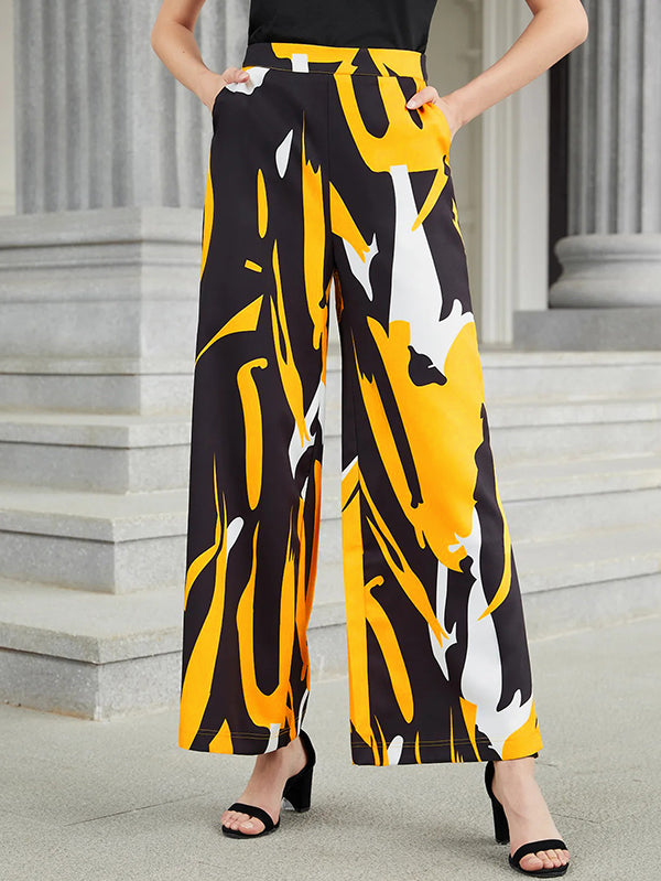 flowersverse Urban High-Waisted Contrast Color Printed Wide Leg Pants