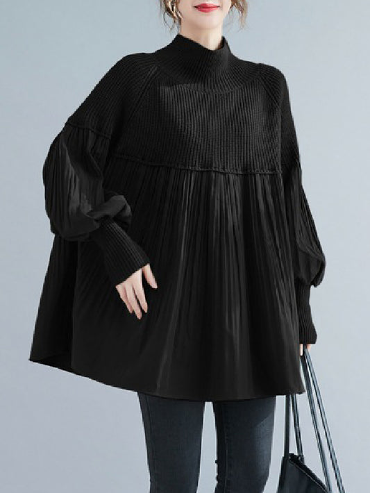 flowersverse Pleated Split-Joint Long Sleeves Loose High Neck Sweater Tops