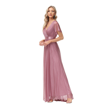 flowersverse Sparkling Party Dress Double V Neck Mesh Ruffle Sleeve Folded A Hem Fully Lined Elastic Evening Dress