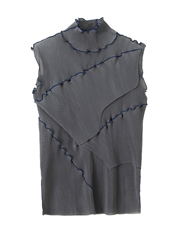 flowersverse Asymmetric Color-Block Pleated Split-Joint Skinny Sleeveless High-Neck Vest Top