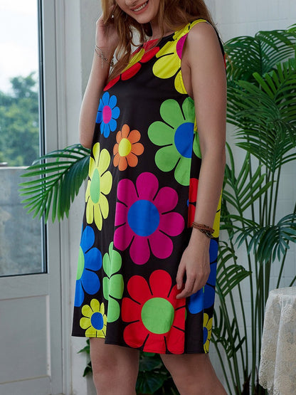 flowersverse Multicolor Crew Neck A-Line Sleeveless Weaving Dress