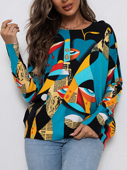 flowersverse Figure Printed Long Sleeves Round-Neck Sweater Tops Pullovers Knitwear