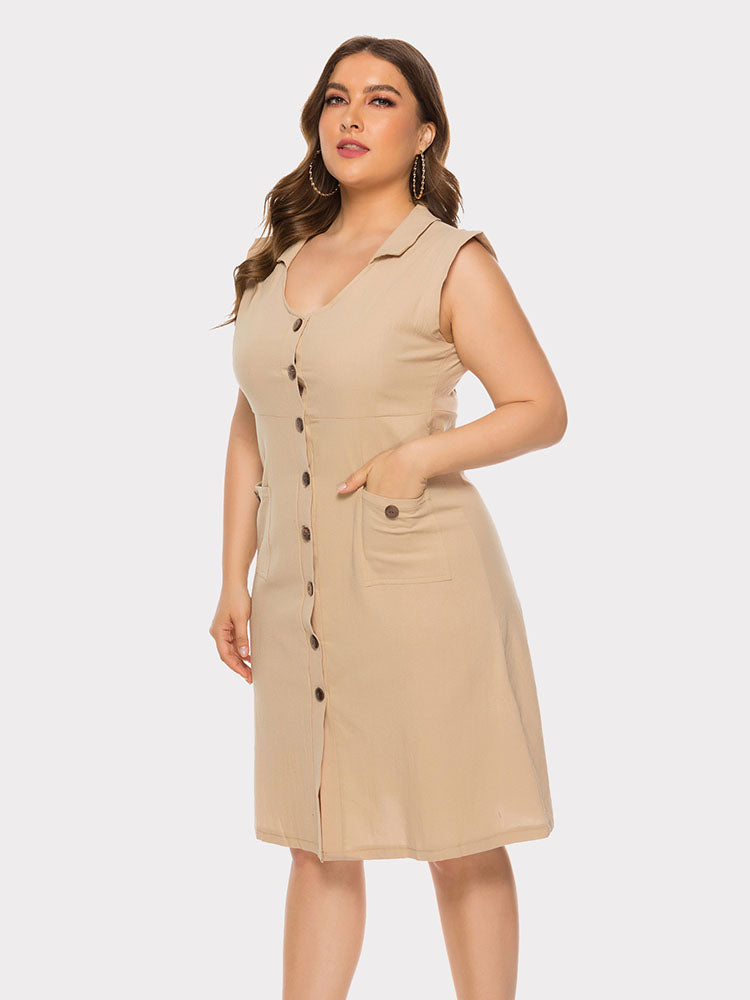 flowersverse Plus Size Sleevelss Buttons Midi Dress