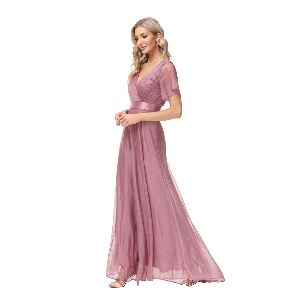 flowersverse Sparkling Party Dress Double V Neck Mesh Ruffle Sleeve Folded A Hem Fully Lined Elastic Evening Dress