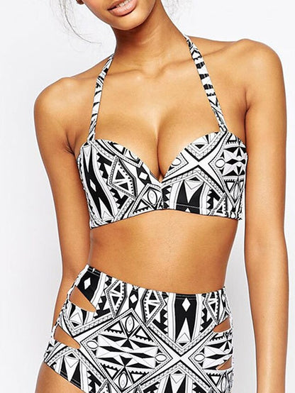 flowersverse Women's Swimwear Bikini Normal Swimsuit 2 Piece Printing Geometic Black And White Bathing Suits Sports Summer