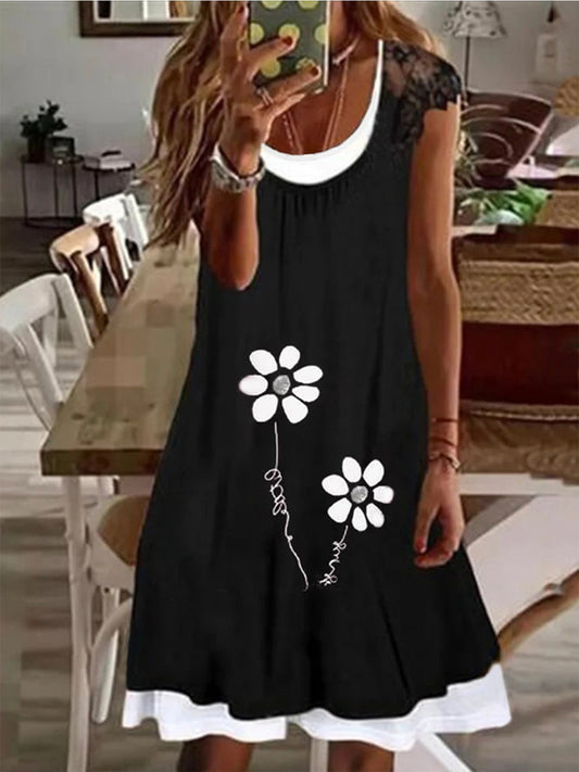 flowersverse Casual Floral Loosen A-line Short Sleeve Knit Dress