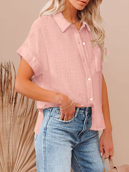 flowersverse Pleated Loose Short Sleeves Lapel Blouses&Shirts Tops