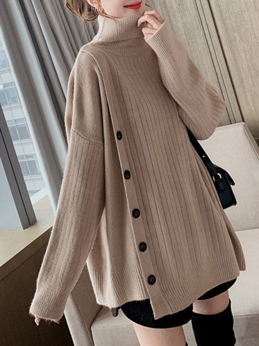 flowersverse Asymmetric Buttoned High-low Long Sleeves High-neck Sweater Tops Pullovers Knitwear