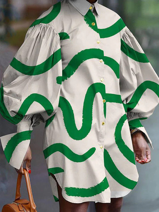 flowersverse Loose Puff Sleeves Contrast Color Printed Split-Side Lapel Mini Dress Shirt Dress