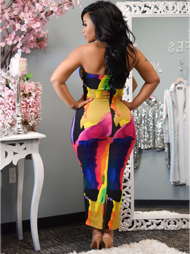 flowersverse Tie Dyed Multicolor Strapless Bodycon Maxi Dresses