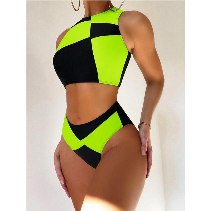 flowersverse Women's Swimwear Bikini Normal Swimsuit 2 Piece Printing Color Block Green Khaki Bathing Suits Sports Summer