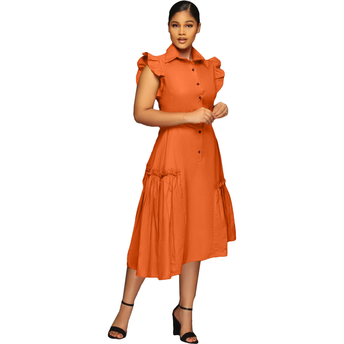 flowersverse Trendy Shirt Collar Irregular Ruffle Edge Swing Dress