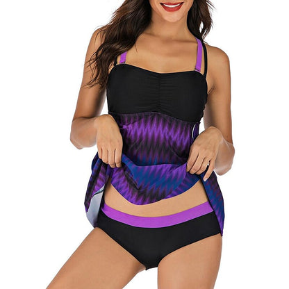 flowersverse Women's Swimwear Tankini 2 Piece Normal Swimsuit 2 Piece Printing Lines / Waves Purple Tank Top Bathing Suits Sports Summer