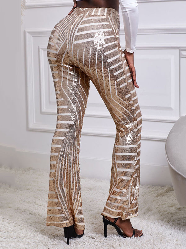 flowersverse Flared Pants High Waisted Contrast Color Striped Sequined Pants