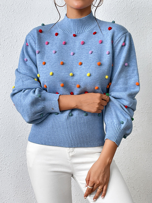 flowersverse Pompom Triming Long Sleeves Loose Round-Neck Sweater Tops Pullovers Knitwear