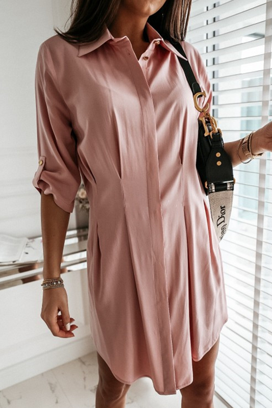 flowersverse Casual Solid Buckle Fold Turndown Collar Shirt Dress Dresses(3 Colors)