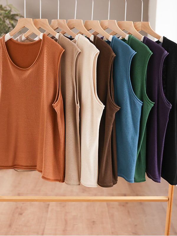 flowersverse Solid Color Loose Sleeveless Round-neck Knitting Vest Top