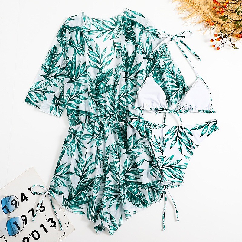 flowersverse Women's Swimwear Bikini Normal Swimsuit 3-Piece Printing Leaf Geometic Black Orange Green Bathing Suits Sports Beach Wear Summer