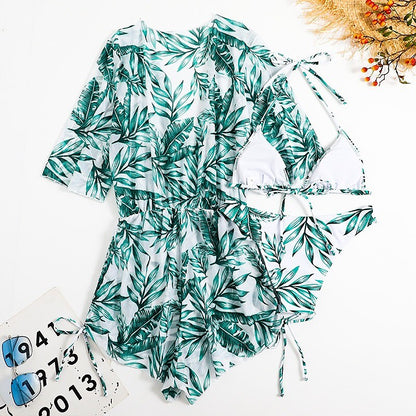 flowersverse Women's Swimwear Bikini Normal Swimsuit 3-Piece Printing Leaf Geometic Black Orange Green Bathing Suits Sports Beach Wear Summer
