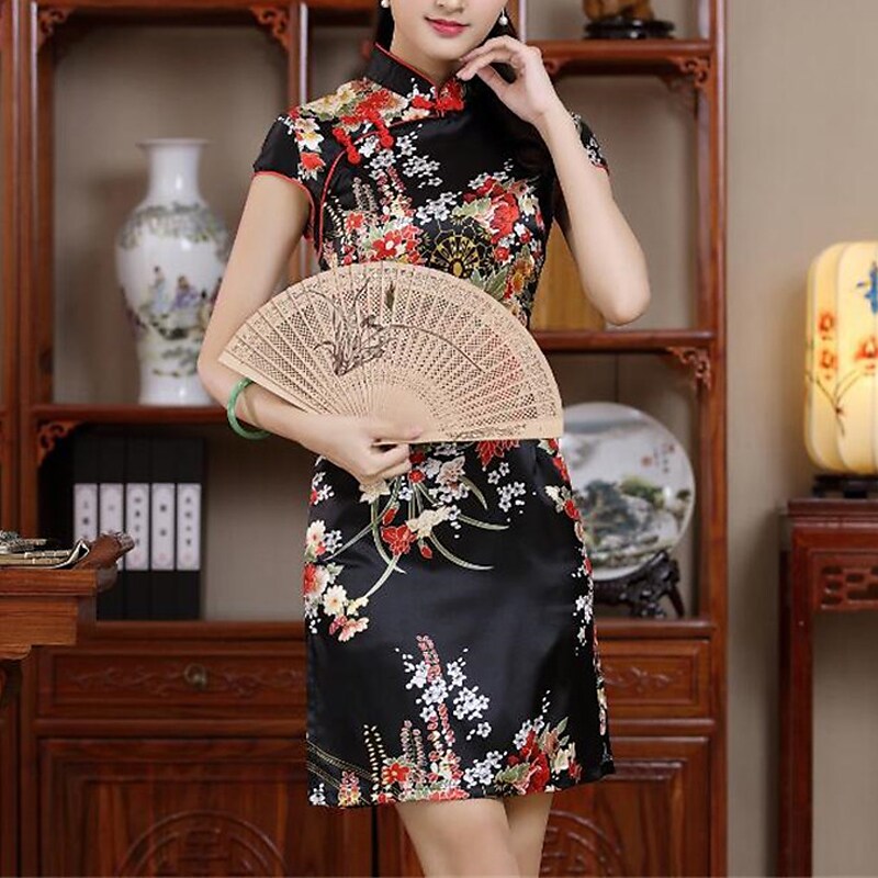 flowersverse Women's Semi Formal Dress Sheath Dress Cheongsam Dress Mini Dress Black White Red Short Sleeve Floral Split Summer Spring Mandarin Collar Elegant Wedding Guest Spring Dress Slim  S M L XL XXL