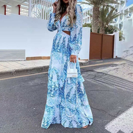 flowersverse Fashionkova   Bohemia Maxi Dress Elgeant Women Summer  Sexy V-Neck Backless Hollow Out Lantern Sleeve Floral Beach Long Dresses Vacation