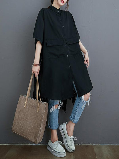 flowersverse Loose Split-Joint Hollow Solid Long Blouse