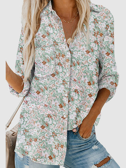 flowersverse Buttoned Flower Print Pockets High-Low Long Sleeves Lapel Blouses&Shirts Tops