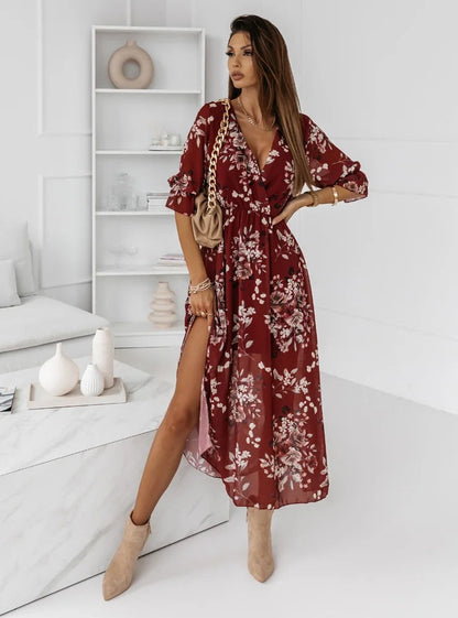 flowersverse Fashion V-Neck Slim Side Slit Chiffon Print Dress