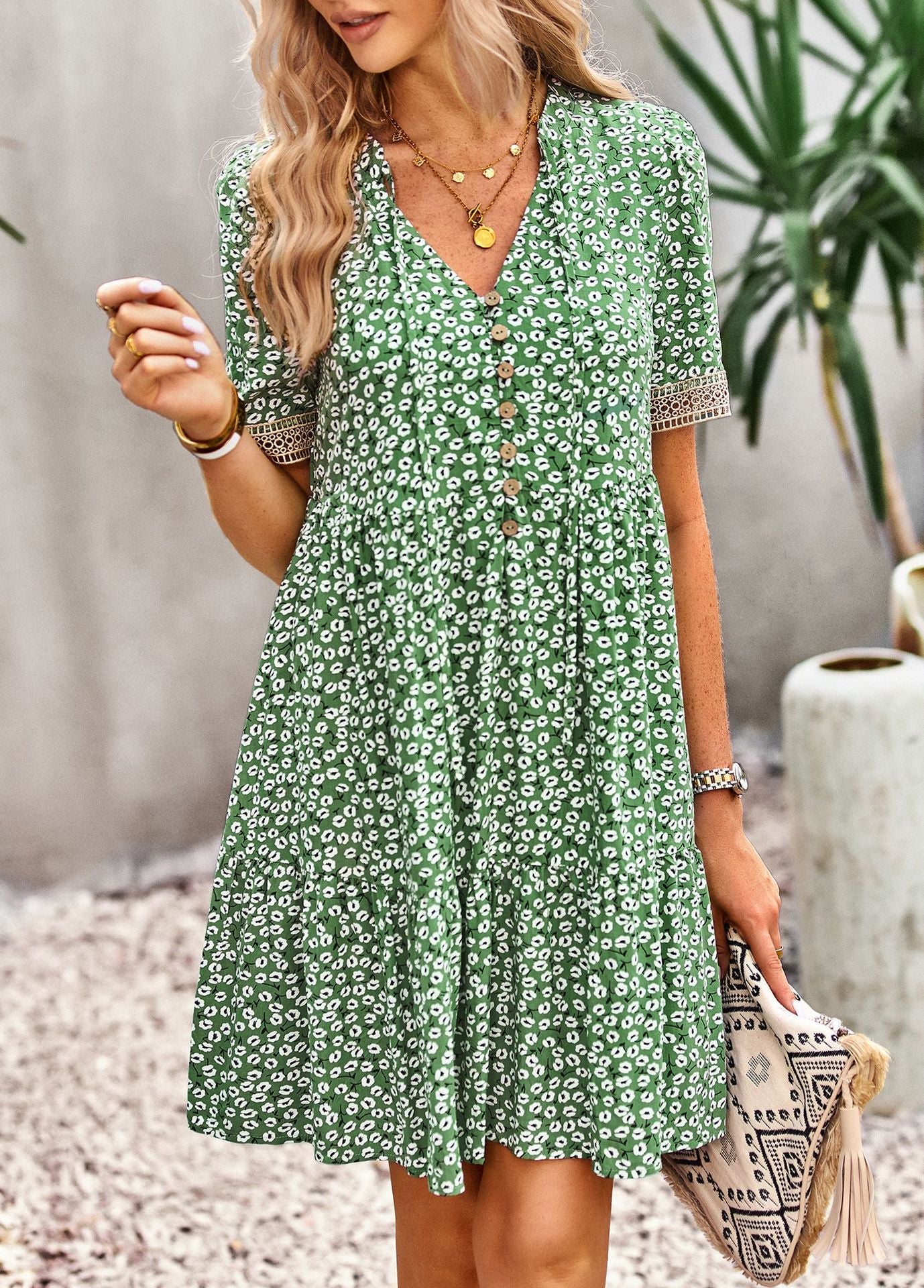 flowersverse Floral Buttoned Puff Sleeve Dress