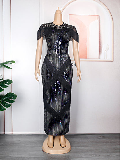 flowersverse Plus Size Women Vintage Sequin Fringe Dress