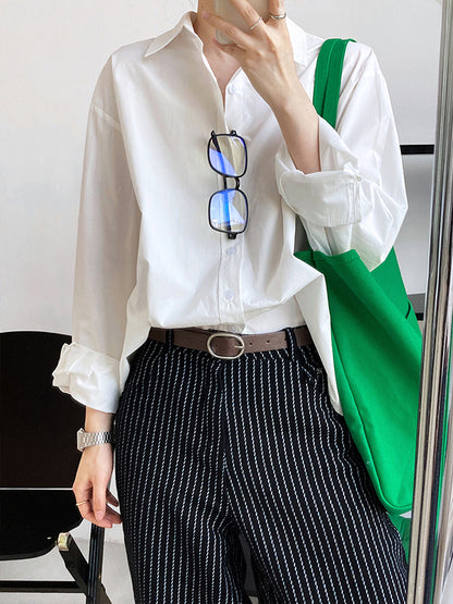 flowersverse Simple Loose Long Sleeves Buttoned Solid Color Lapel Collar Blouses&Shirts Tops