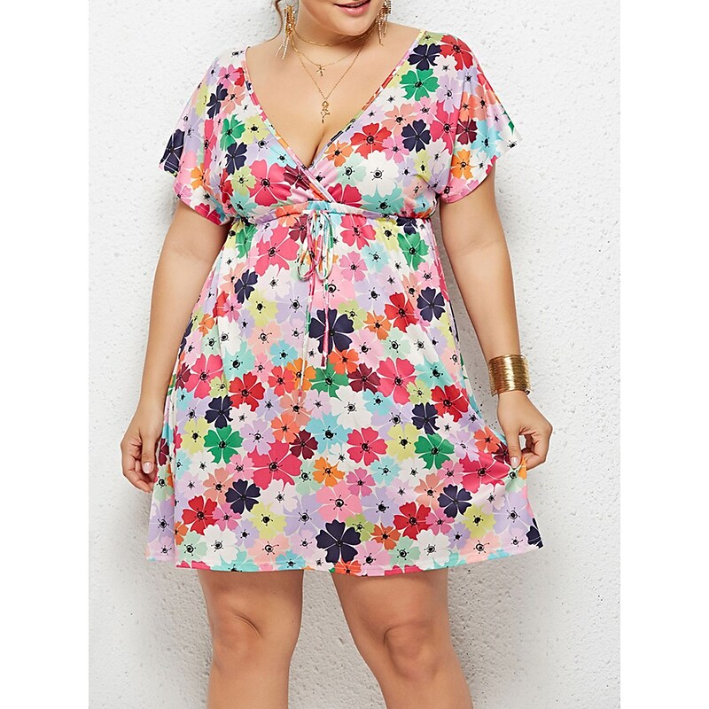 flowersverse Women's Plus Size Casual Dress Floral Dress Boho Dress Floral Plaid Mini Dress Short Sleeve Print V Neck Fashion Daily Black Pink Summer Spring L XL XXL 3XL 4XL