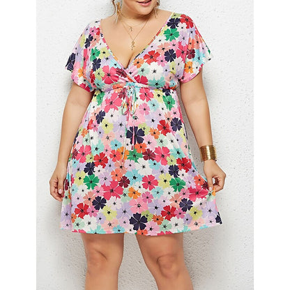 flowersverse Women's Plus Size Casual Dress Floral Dress Boho Dress Floral Plaid Mini Dress Short Sleeve Print V Neck Fashion Daily Black Pink Summer Spring L XL XXL 3XL 4XL