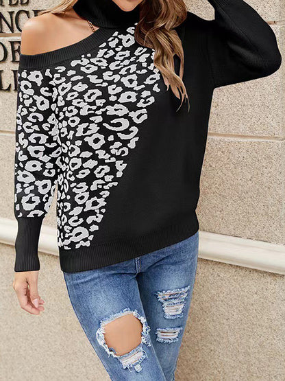 flowersverse Hollow Leopard Long Sleeves Loose High Neck Sweater Tops Pullovers Knitwear