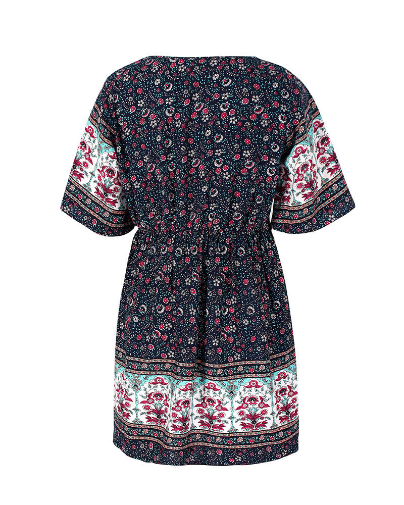 flowersverse Floral Print Summer Short Dress Women Casual V Neck Bohemian Short Sleeve Dress For Woman Fashion Sexy Spring Dress