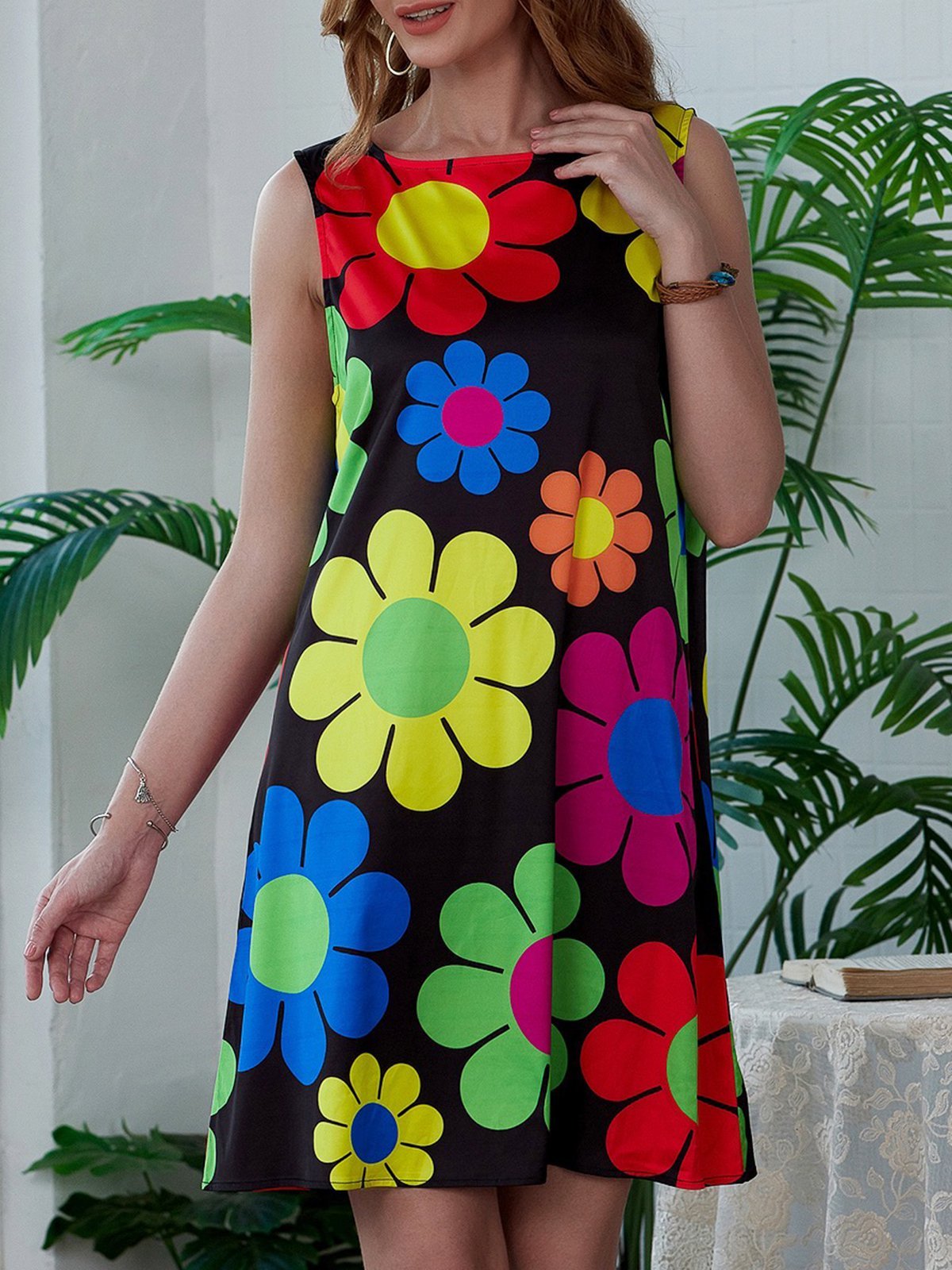 flowersverse Multicolor Crew Neck A-Line Sleeveless Weaving Dress