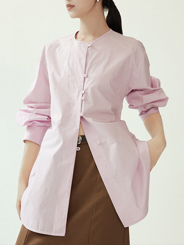 flowersverse Buttoned Solid Color Tied Long Sleeves Loose Round-Neck Blouses&Shirts Tops