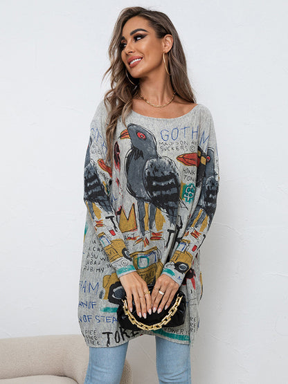 flowersverse Casual Long Sleeves Loose Cartoon Printed Contrast Color Round-Neck Sweater Tops