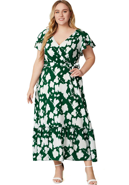 flowersverse Summer Plus Size Women's V-Neck Print Dress