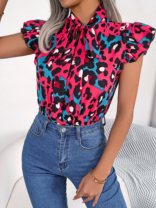 flowersverse Leopard Cap Sleeve Loose Statement Collar Vest Top