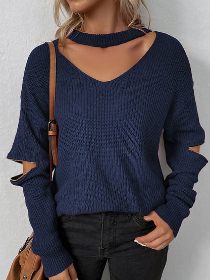 flowersverse Hollow Solid Color Zipper Long Sleeves Loose V-Neck Sweater Tops Pullovers