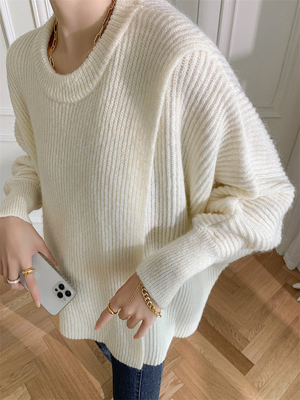 flowersverse Irregularity Loose Solid Color Batwing Sleeves Round-Neck Sweater Tops