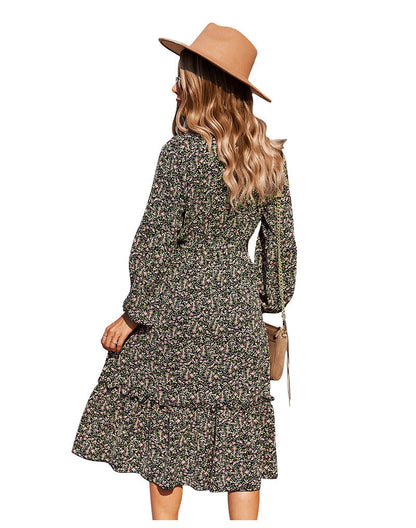 flowersverse Autumn Winter Sexy V Neck Print Dress Women Casual Full Sleeve Bandage Medium Long Floral Dresses High Wasit