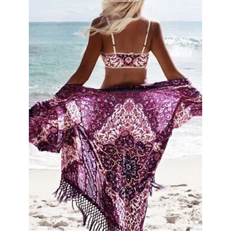 flowersverse Women's Cover Up Beach Dress Beach Wear Midi Dress Tassel Fringe Print Ethnic Casual Floral Open Front 3/4 Length Sleeve Loose Fit Outdoor Daily Purple  Spring Summer One Size