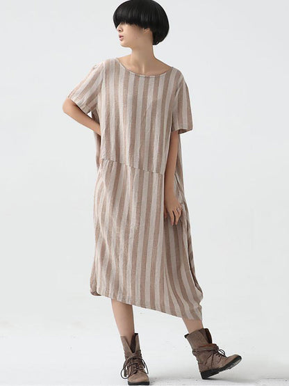 flowersverse Plus Size Women Summer Casual Stripe Cotton Linen Loose Dress