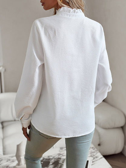 flowersverse Asymmetric Buttoned Ruffled Striped Long Sleeves Mock Neck Blouses&shirts Tops