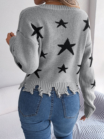 flowersverse Contrast Color Fringed Split-Joint Long Sleeves Loose V-Neck Sweater Tops